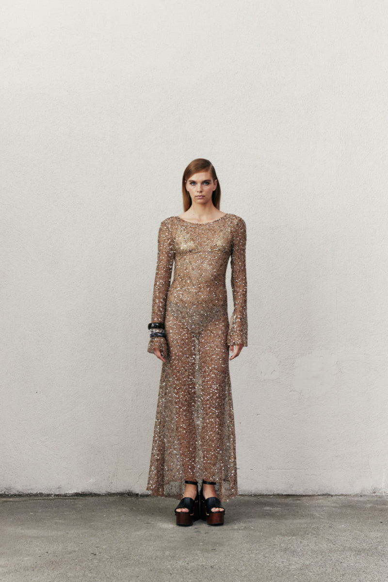 Nazlı Ceren Riona antique bronze maxi dress with flowing fabric and elegant design, perfect for stylish occasions.