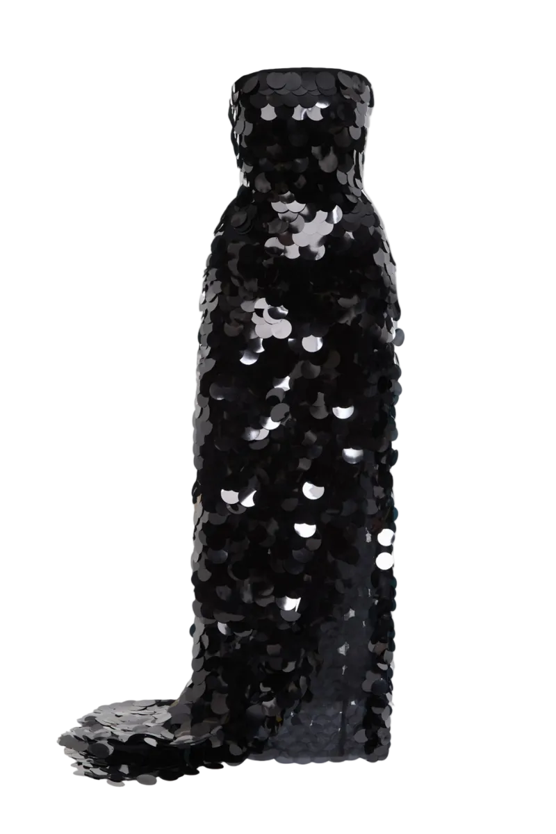 Black Balykina July dress gown with elegant neckline and flowing fabric, showcased on a mannequin.