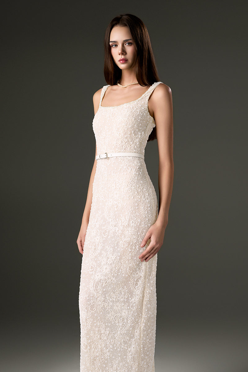 White square neck mesh lace midi dress by I.H.F Studio, featuring a fitted bodice and elegant midi length, perfect for stylish occasions.