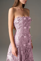 Purple floral strapless maxi dress by I.H.F Studio with an A-line silhouette, perfect for elegant summer occasions.