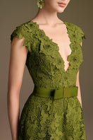 I.H.F CULT MIA X V-neck green lace A-line gown with long sleeves and elegant design, perfect for formal occasions.