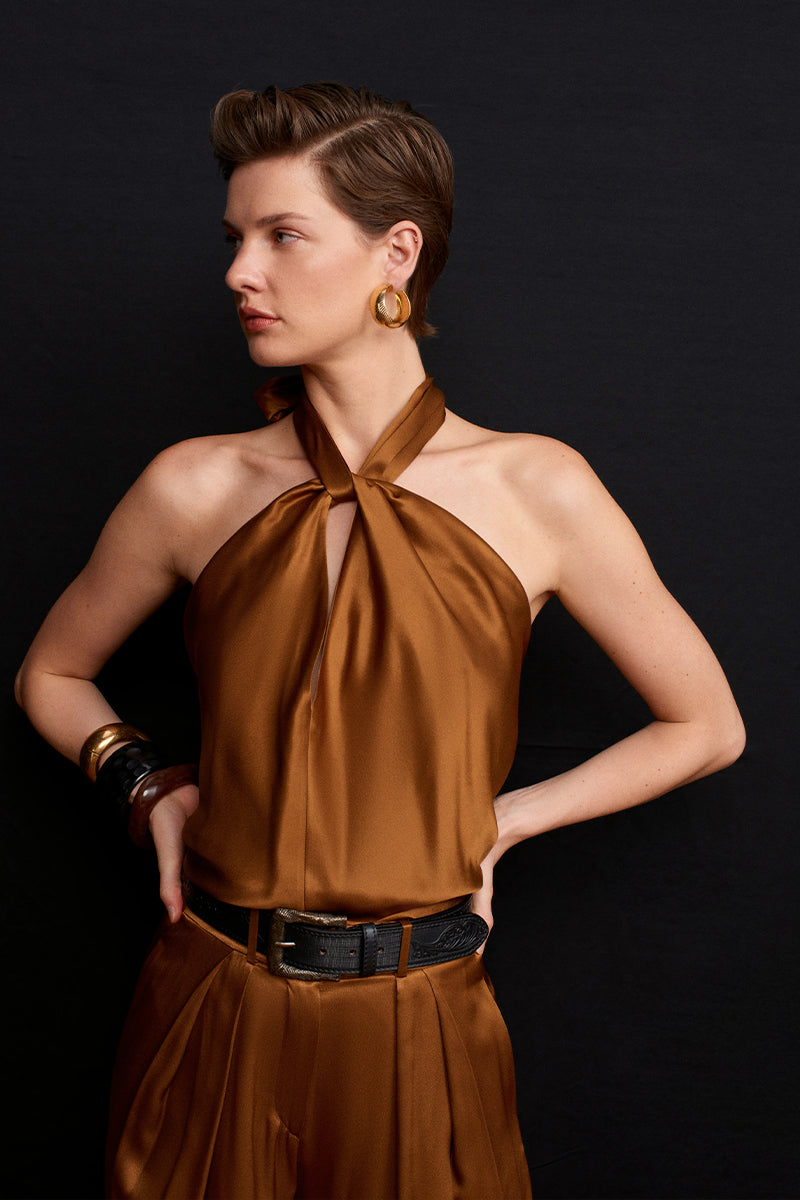 Acaria Studio Jill satin top in copper, featuring a sleek, shiny fabric with a fitted design and elegant neckline.