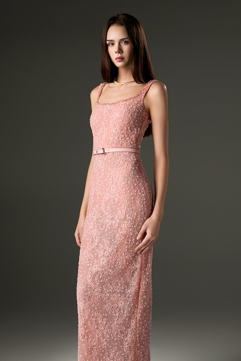 SQUARE NECK MESH LACE MIDI DRESS IN PINK - CULT MIA