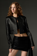 Black jacquard cropped blazer and mini skirt co-ord set by I.H.F Studio, shown on a model.