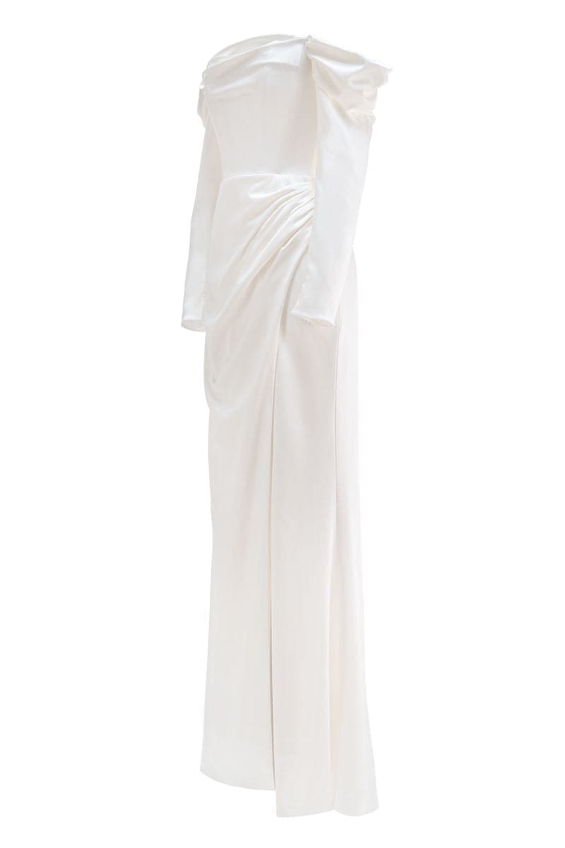Elegant CULT MIA X MONETRE draped gown in luxurious fabric, showcasing a sophisticated design with intricate details.