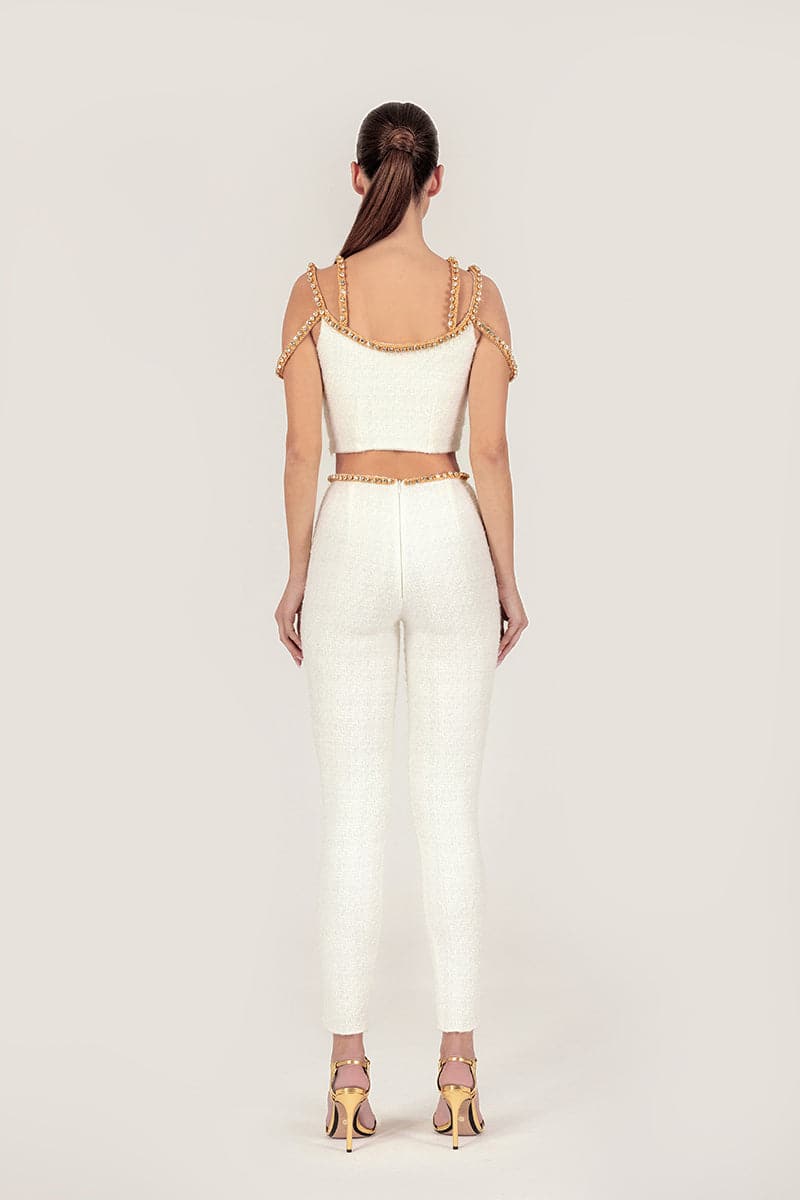 GOLD THREAD-EMBROIDERED TWEED PANTS - CULT MIA