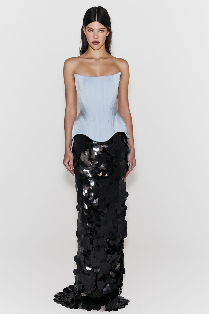Black sequin maxi skirt from BALYKINA with a flowing design and shimmering sequins, perfect for elegant occasions.