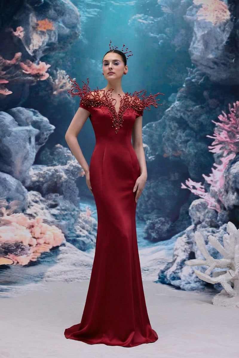 Red Mireille silk taffeta gown by 21Six, elegant floor-length dress with a flowing silhouette and intricate detailing.