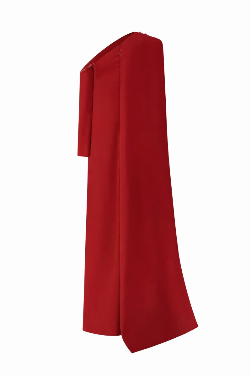 Red LINNEA crepe gown by 21Six, featuring a flowing design and elegant silhouette, showcased in this full-length image.