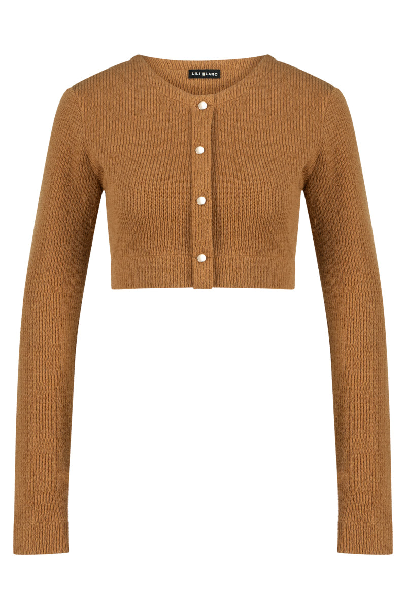 Brown knit crop top by Lili Blanc featuring a stylish, fitted design, perfect for casual or trendy outfits.