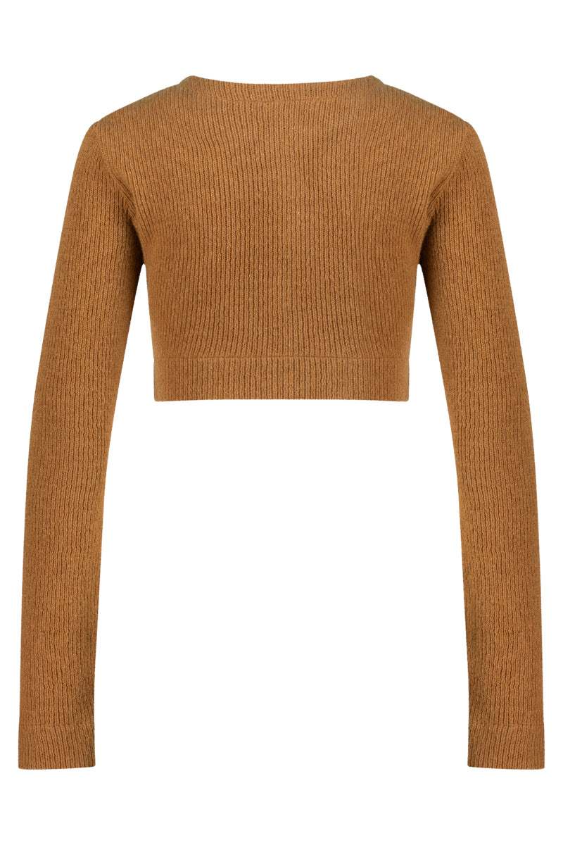 Brown knit crop top by Lili Blanc, stylish and elegant, featuring a fitted design and ribbed texture.