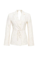 Cream JORA fringe open-back blazer by SÉLONE featuring a stylish fringe detail and tailored fit, perfect for chic, modern looks.