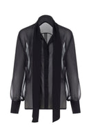 Mirel Prentice tie-neck chiffon shirt with long sleeves and elegant drape, showcased on a model.