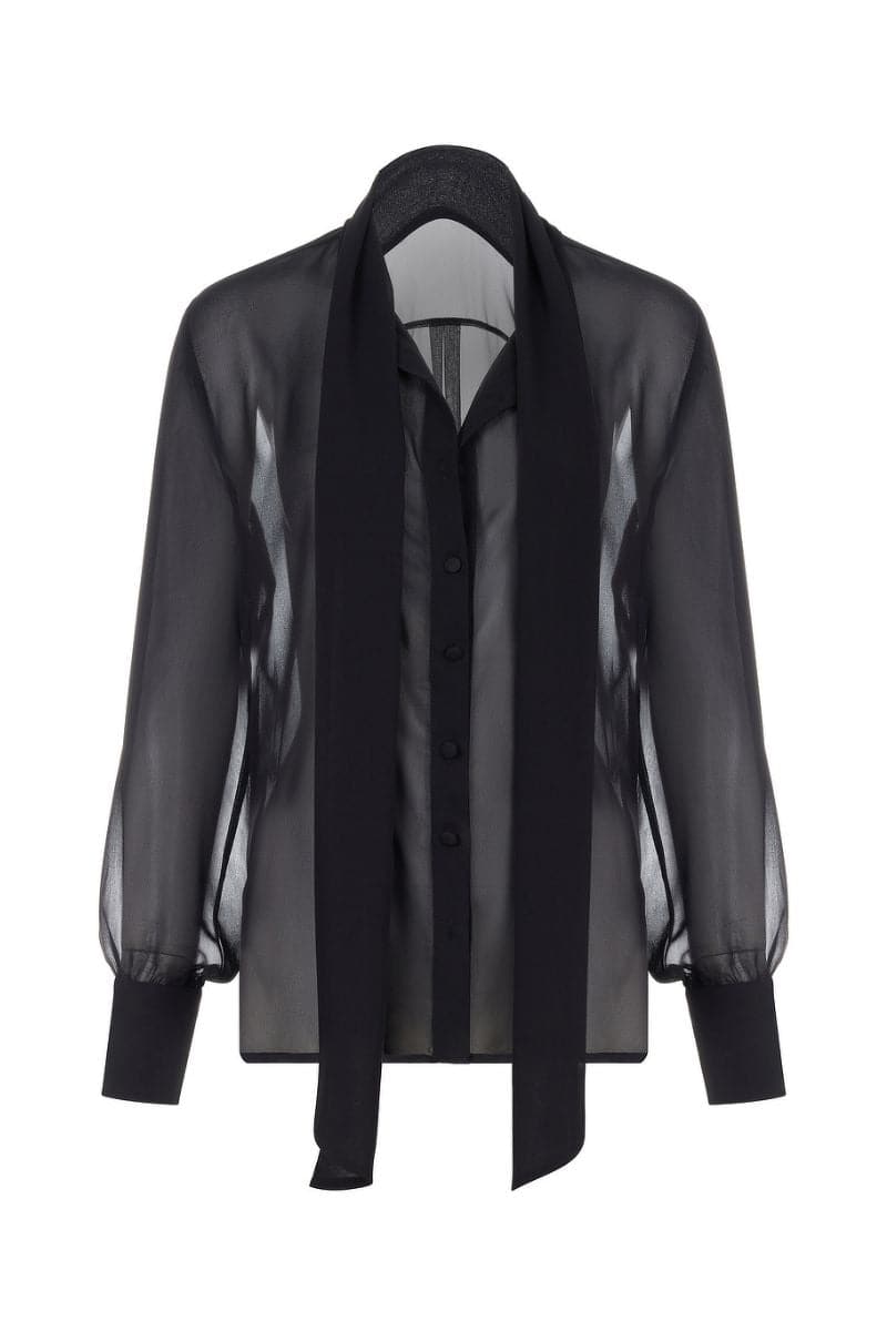 Mirel Prentice tie-neck chiffon shirt with long sleeves and elegant drape, showcased on a model.