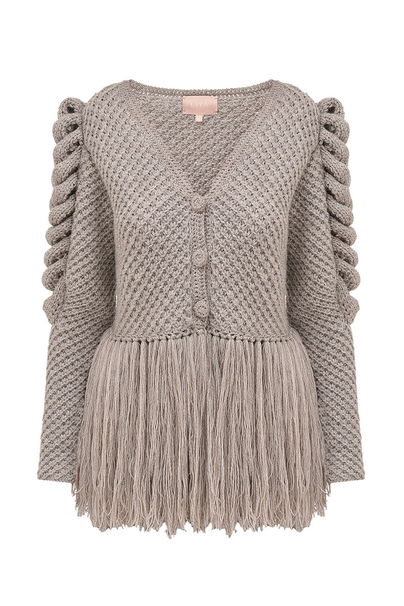 CARDIGAN WITH FRINGES IN GRAY - CULT MIA