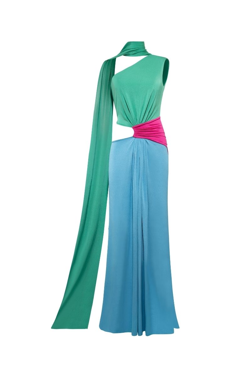 Sisters Leila maxi dress in dreamy pastel colors, flowing fabric, sleeveless design, perfect for summer or special occasions.