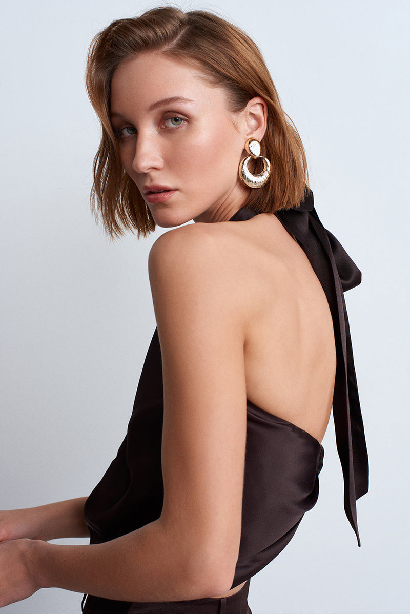 Brown satin Jill top by Acaria Studio featuring a sleek, smooth fabric and stylish design perfect for elegant casual wear.