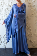 Bocan Couture Adelaide long buttoned maxi dress with a flowing silhouette and elegant design, shown hanging against a neutral background.