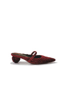 Christin Wu Salma maroon velour mules heels showing the stylish pointed toe and plush velvet material.