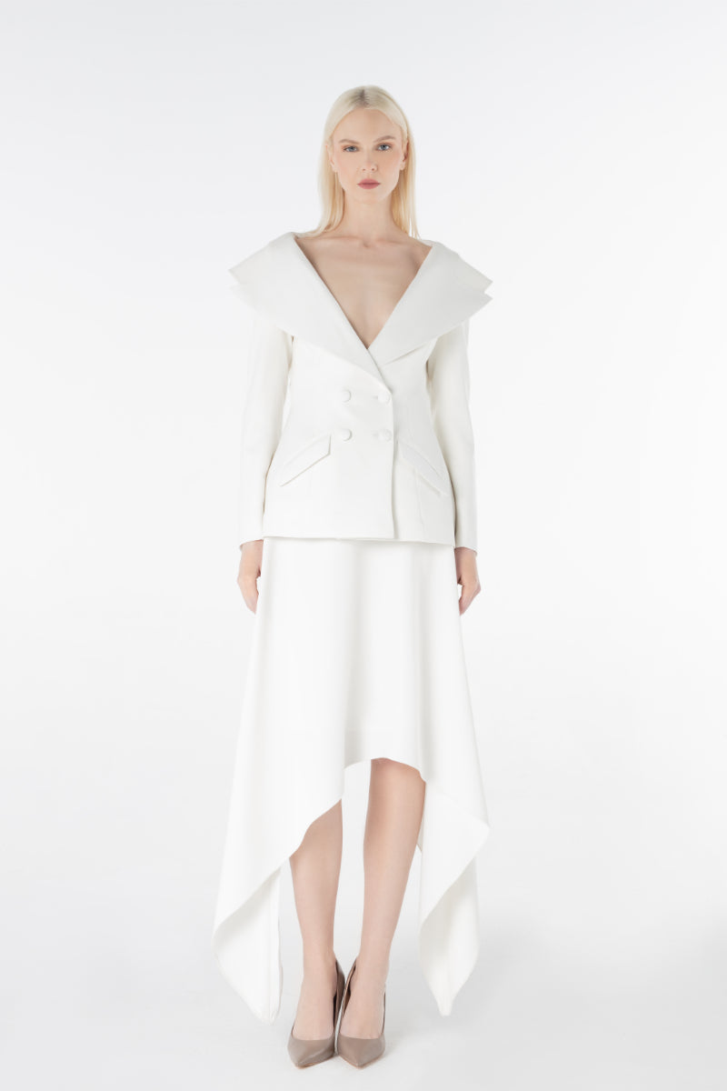 Lili Blanc crepe midi skirt in soft beige, flowing design with a high waist and midi length, perfect for elegant everyday wear.