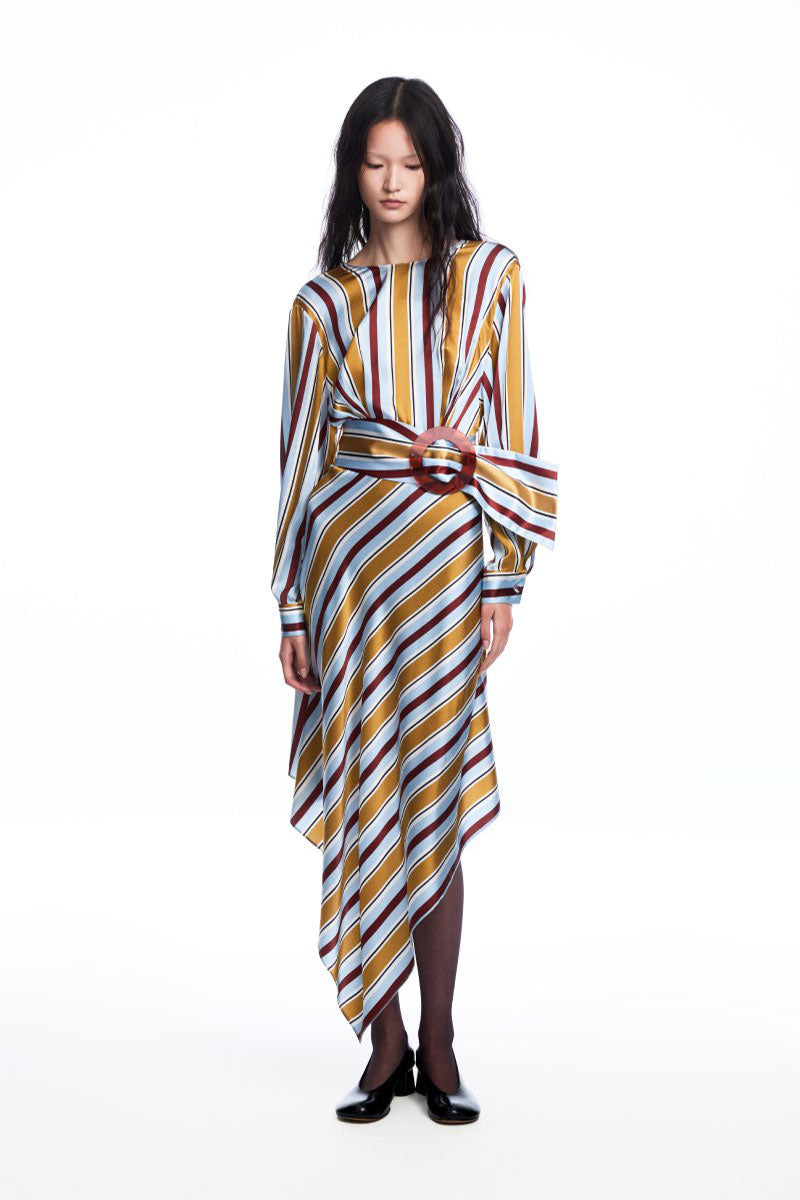 Chictopia silk belted striped midi dress with a fitted waist and flowing fabric, featuring bold horizontal stripes and a stylish midi length.