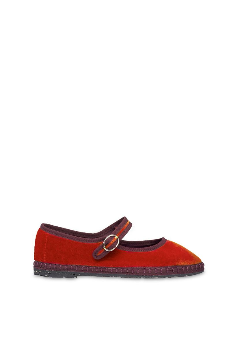 Flabelus Margaret Mary Jane velvet flats in red-orange with burgundy piping, featuring a classic slip-on design and rounded toe.