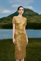 Le Thanh Hoa LITA Sunrise beaded midi dress with intricate beadwork and flowing fabric, perfect for elegant occasions.