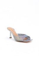 Kolane Greta mule sandals in silver crystal with transparent straps, stylish open-toe design, perfect for elegant summer looks.