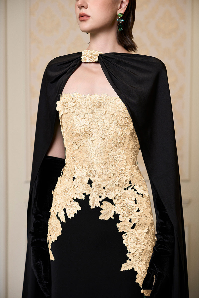STRAPLESS COLUMN GOWN WITH LONG CAPE IN BEIGE | I.H.F