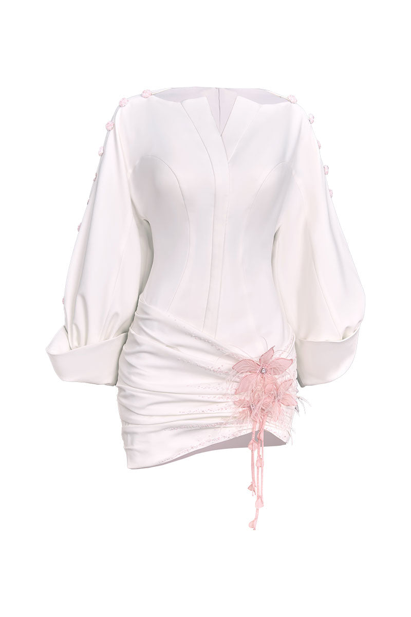 Do Long Celestial Veil Mini Dress shown on a model, featuring a flowy, celestial-themed design perfect for stylish occasions.