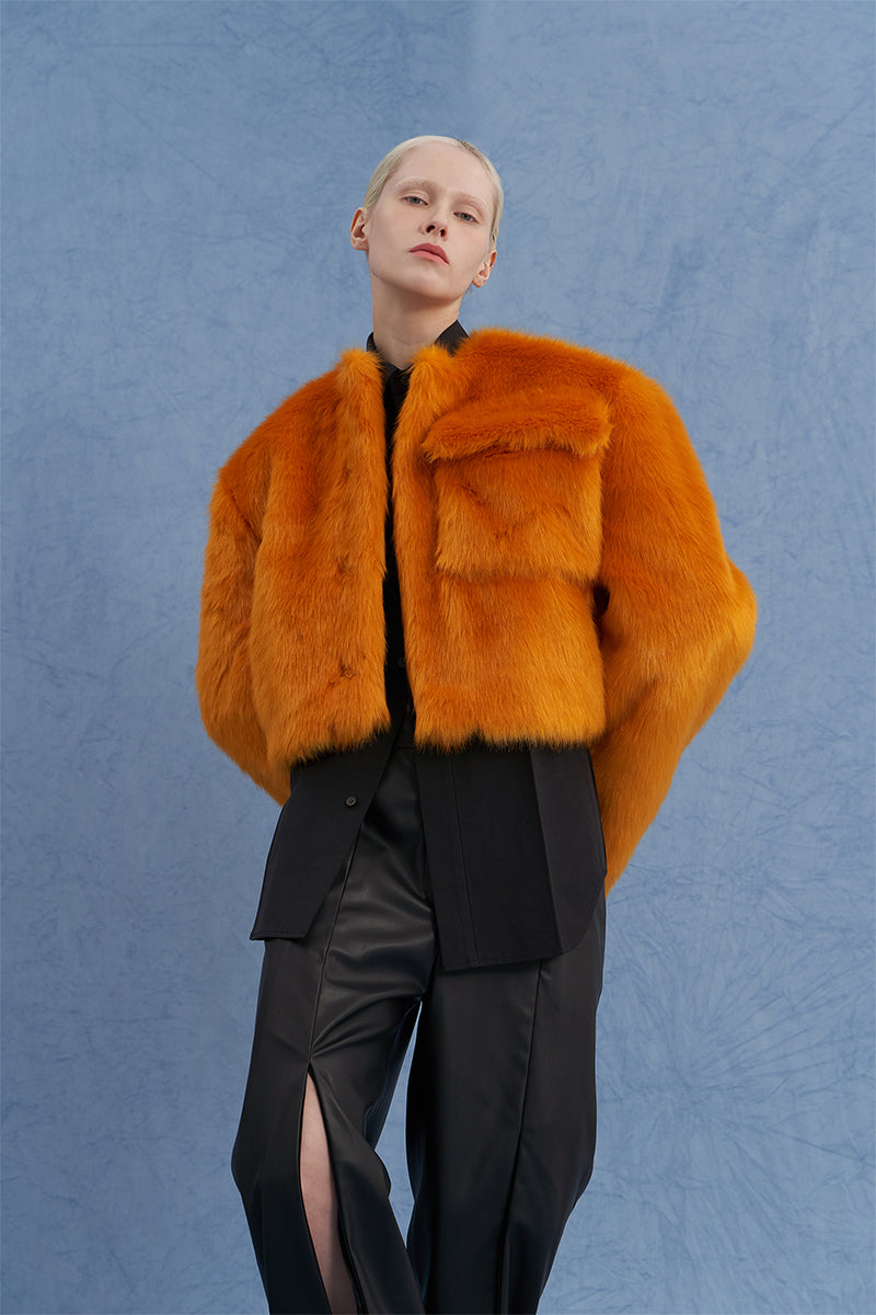 EXAGGERATED SHOULDER SHEARLING JACKET IN ORANGE - CULT MIA