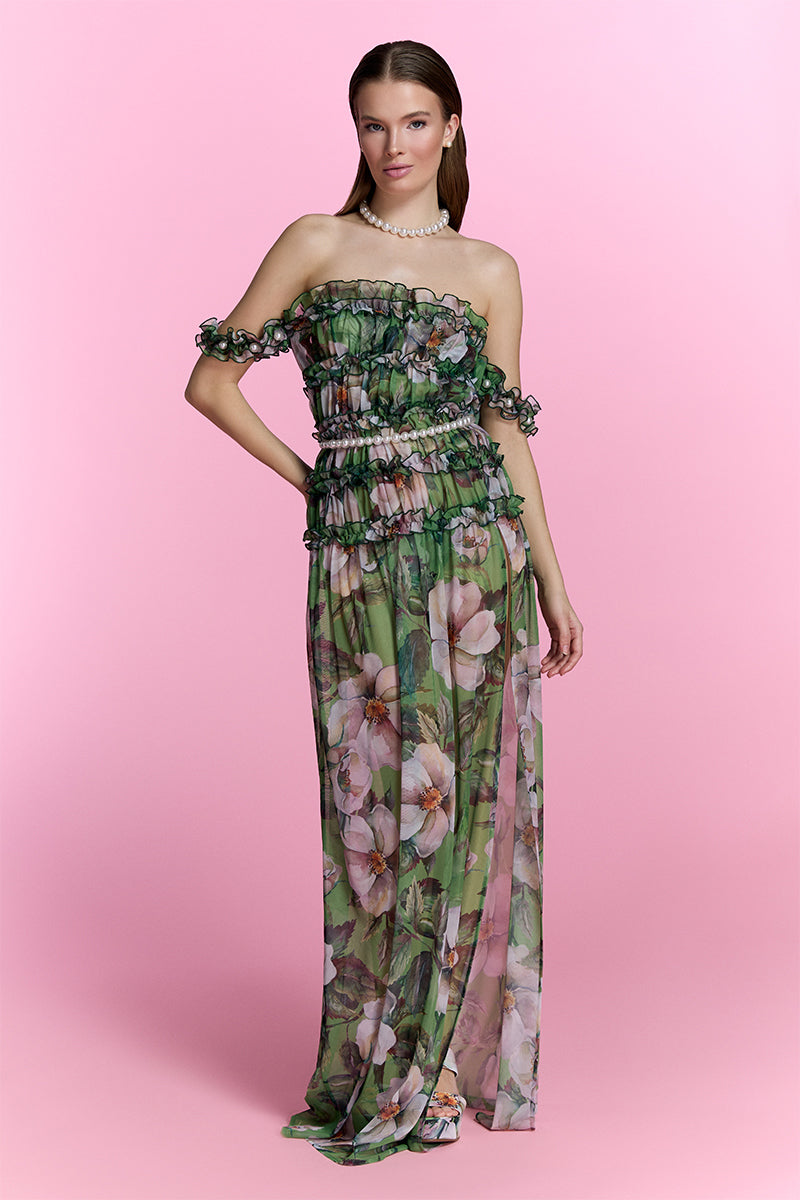 Nur Karaata silk heirloom beach dress, a flowing maxi dress with intricate patterns, perfect for seaside elegance.