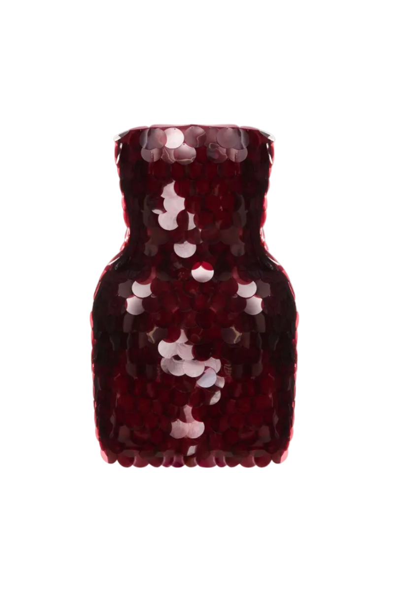 BalYKINA Burgundy Nino Dress, a stylish mini dress with a fitted silhouette and elegant design, shown on a model.