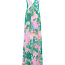 Sisters Jane maxi dress in soft pink and green with flowing fabric and floral pattern, displayed on a hanger.