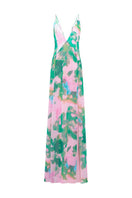 Sisters Jane maxi dress in soft pink and green with flowing fabric and floral pattern, displayed on a hanger.
