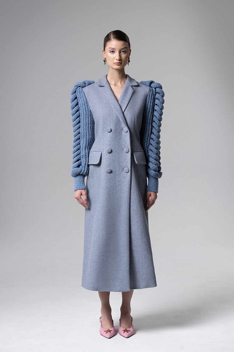 Liya statement sleeves coat in slate with bold, voluminous sleeves and tailored fit, stylish outerwear for colder weather.