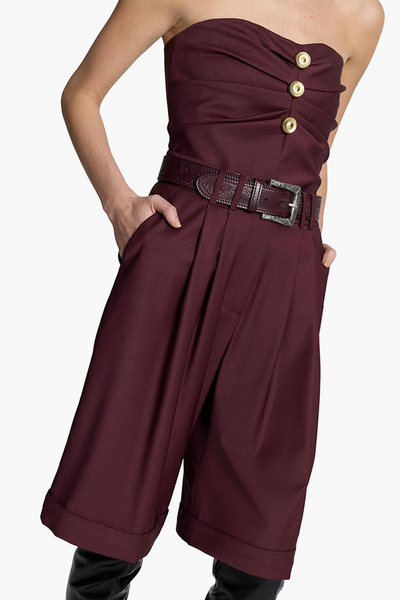 Acaria Studio Guru shorts in rich red wine color, casual fit with waistband and pockets, perfect for summer wear.