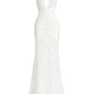 White KAYLIN gown by Khanum's, elegant evening dress with flowing fabric and intricate details, displayed on a mannequin.