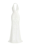 White KAYLIN gown by Khanum's, elegant evening dress with flowing fabric and intricate details, displayed on a mannequin.