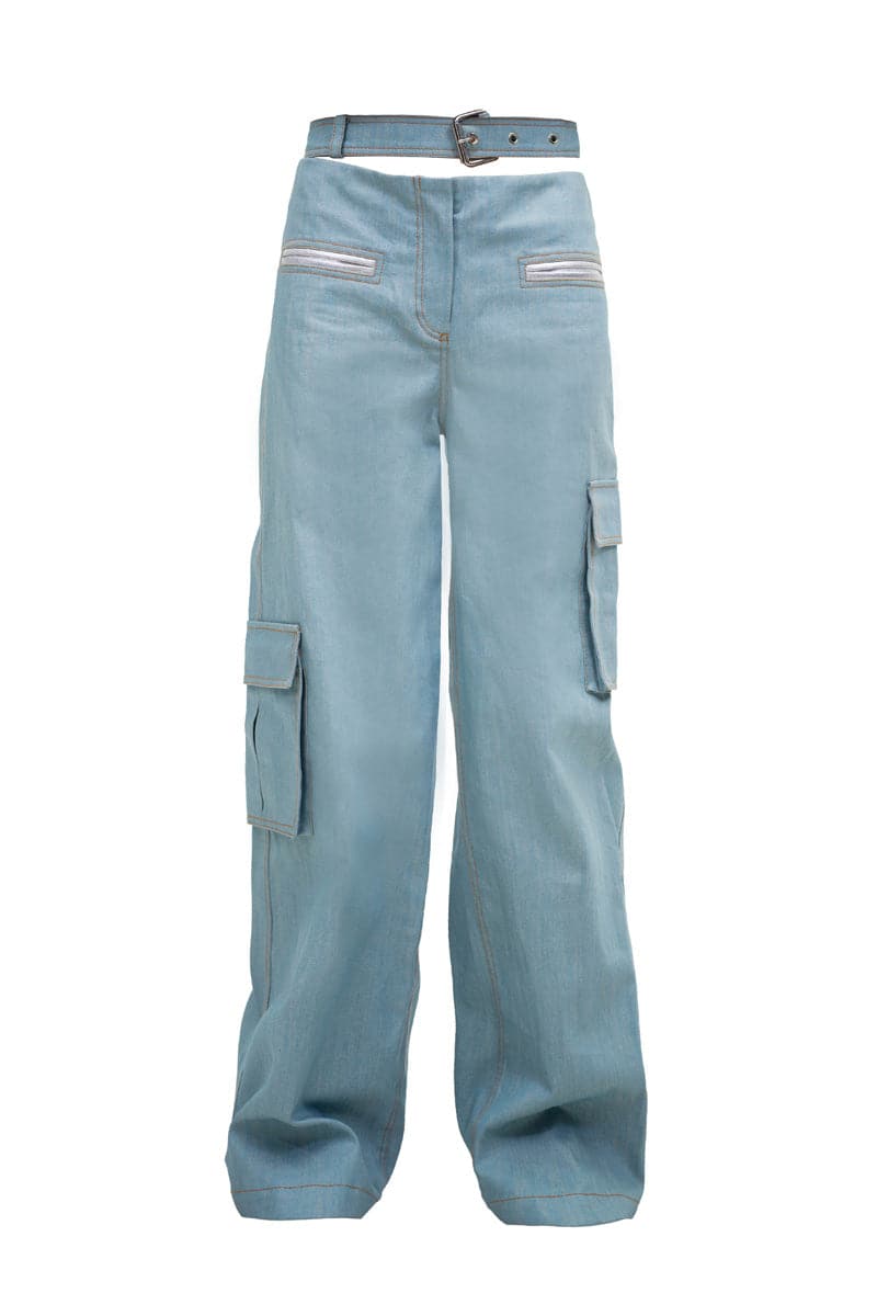SILVER-DETAILED LOW-RISE DENIM PANTS - CULT MIA
