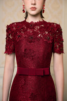 Red I.H.F gown with guipure lace overlay and taffeta silk lining, featuring elegant design and intricate lace details.