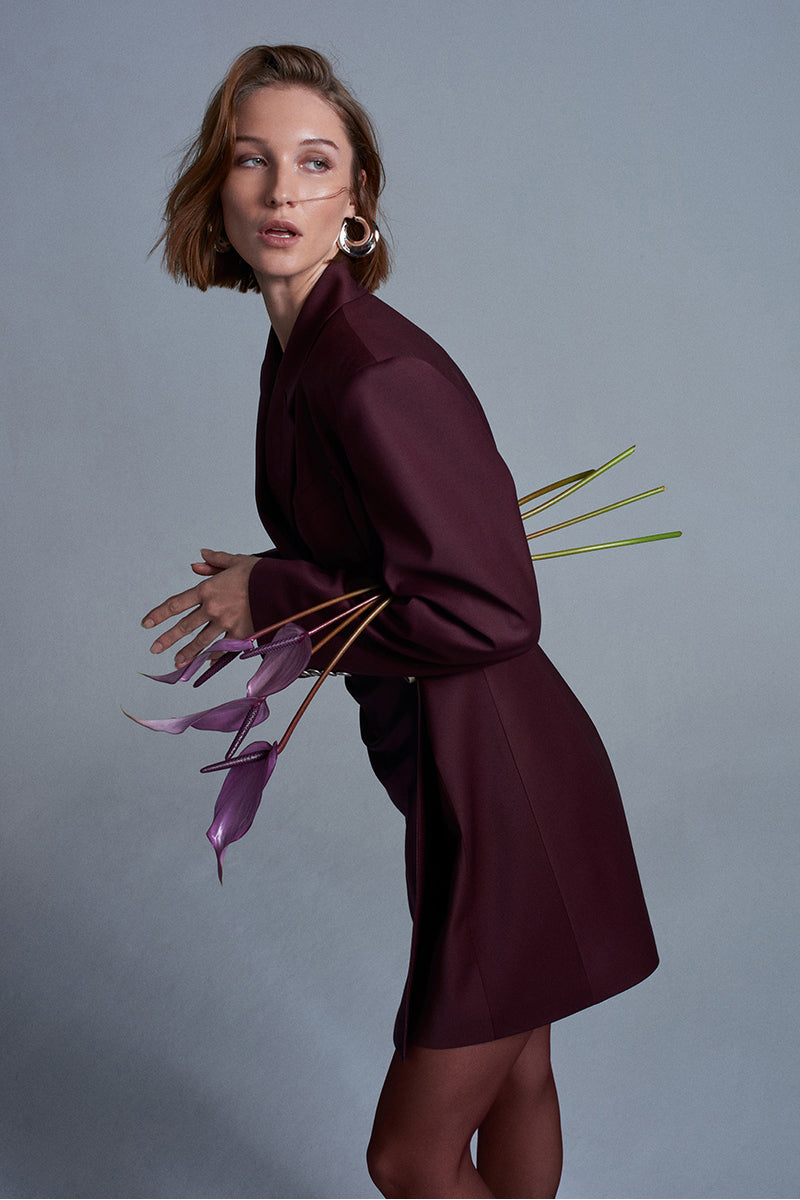 Cherry red Berry Blazer Dress from Acaria Studio, mini dress style with tailored fit and blazer-inspired design, shown on a model.