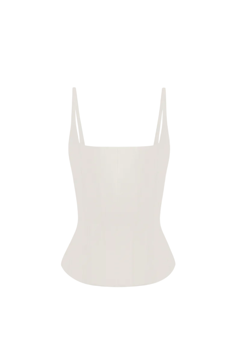 Beige matte silk corset top with adjustable straps by BALYKINA, shown on a white background.