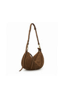 VIKELE STUDIO Denise mini shoulder bag in brown suede with adjustable strap and sleek design.