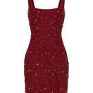 Red KERRI mini dress by Khanum's featuring a fitted silhouette and stylish design, shown on a model.