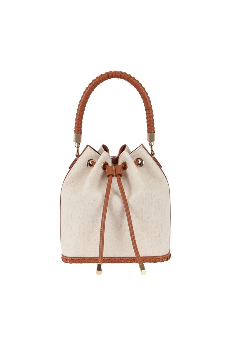 Saonara linen bucket top handle bag with sturdy handles and spacious interior, stylish for everyday use.