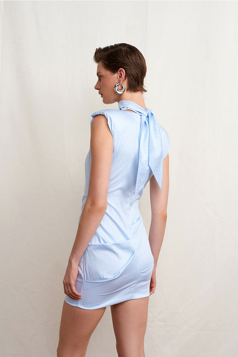 Blue Dragon Poplin Dress by Acaria Studio, a stylish mini dress with a vibrant pattern and classic fit, shown on a model.