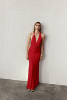 Nazlı Ceren Dakota long jersey maxi dress in vibrant red, flowing fabric with a relaxed fit and elegant silhouette.
