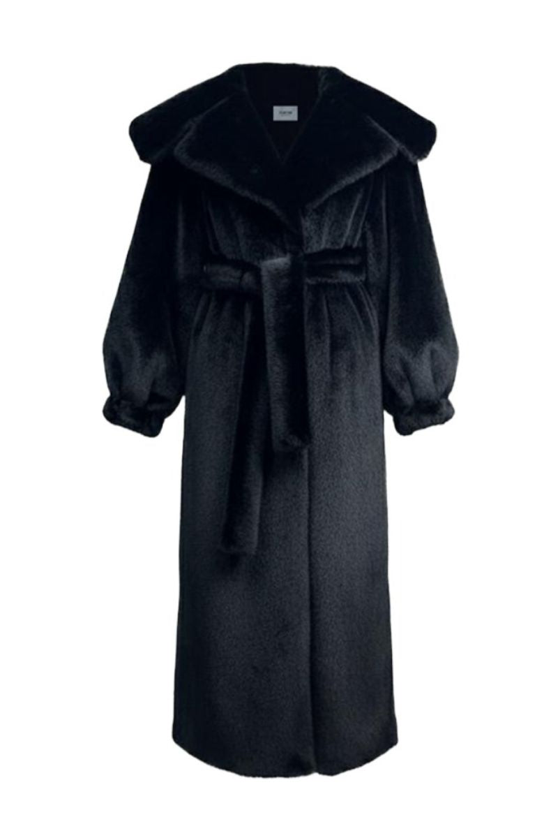 Fortini black faux fur coat from the Old Money collection, showcasing plush texture and stylish design.