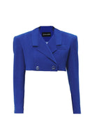 Blue crossed crop blazer by JC Pajares, featuring a stylish cropped fit and crossed design, perfect for modern fashion.